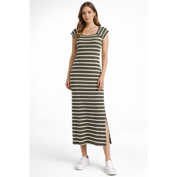 No Comment Dresses & Skirts - Olive Green Striped Maxi Dress Women’s Bodycon Long Casual Size SM